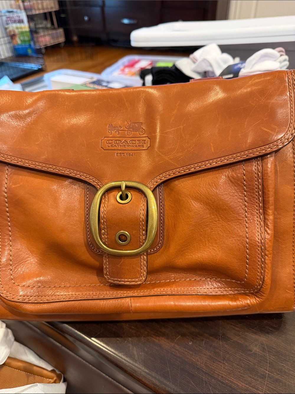 Coach Leather Messenger Bag in Cognac Brown with Brass Buckle vintage circa 2005